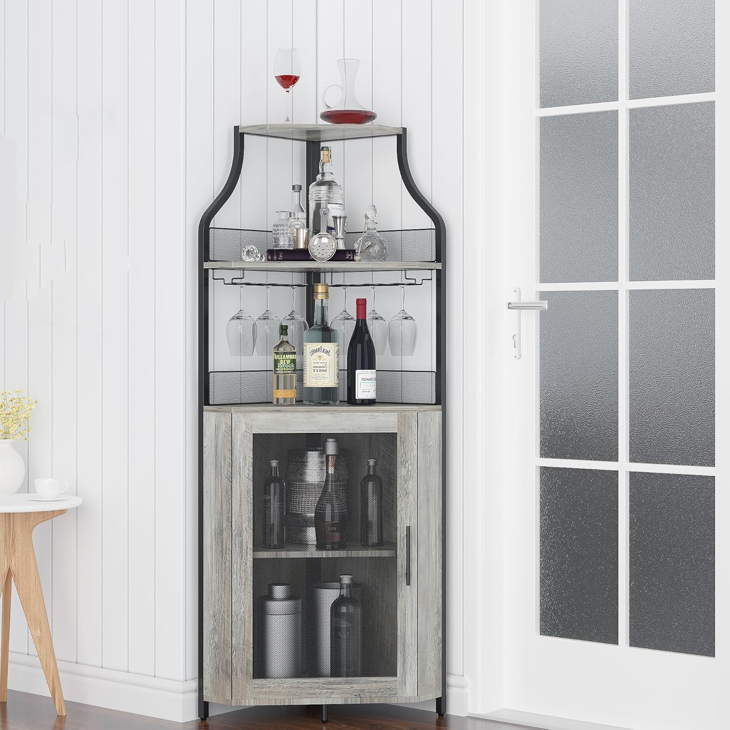 Corner Wine Cabinet with Detachable Rack and Glass Holder, Grey E9167