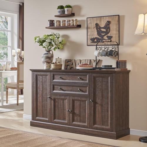 Farmhouse 58" Buffet Cabinet with Storage, 34" Tall Coffee Bar Cabinet w/2 Large Drawers & 4 Grooved Barn Doors, Wood Rustic Sideboard Buffet Cabinet for Dinning Room, Kitchen, Living Room,Brown