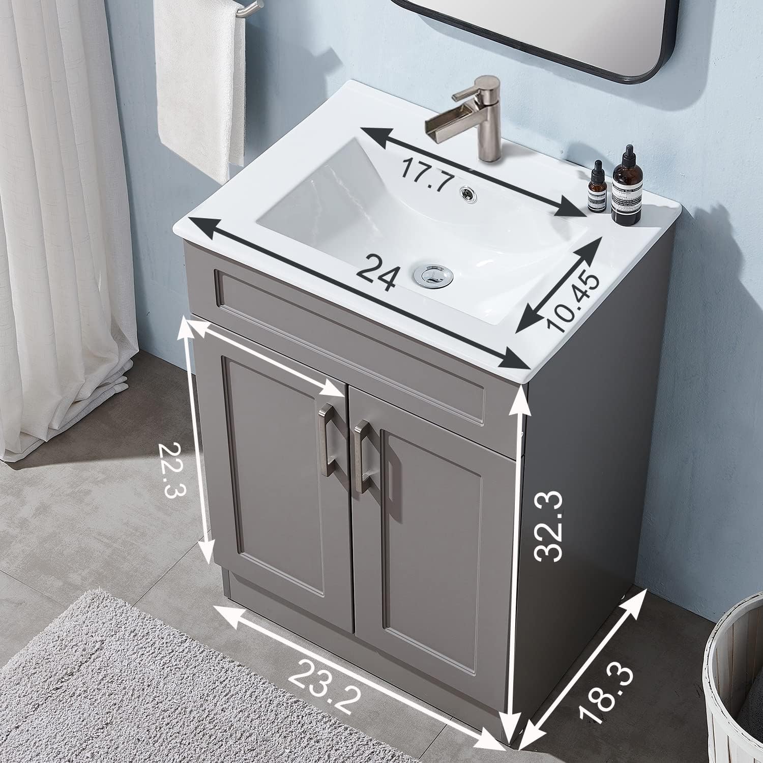 24 Inch Bathroom Vanity with Sink, Gray Cabinet and White Ceramic Basin O59220
