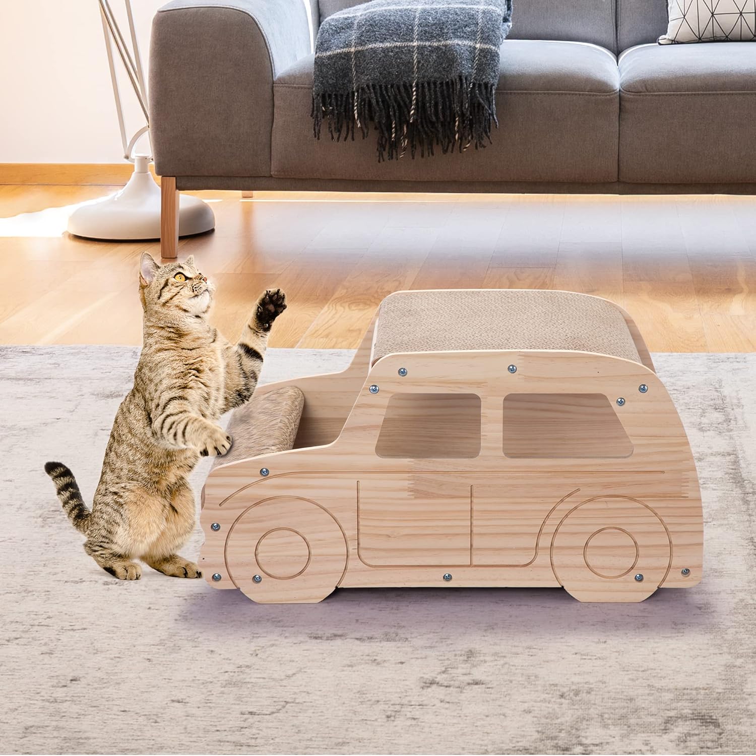 2-in-1 Wood Corrugated Cat Scratcher Car-Shaped Cat House Y208