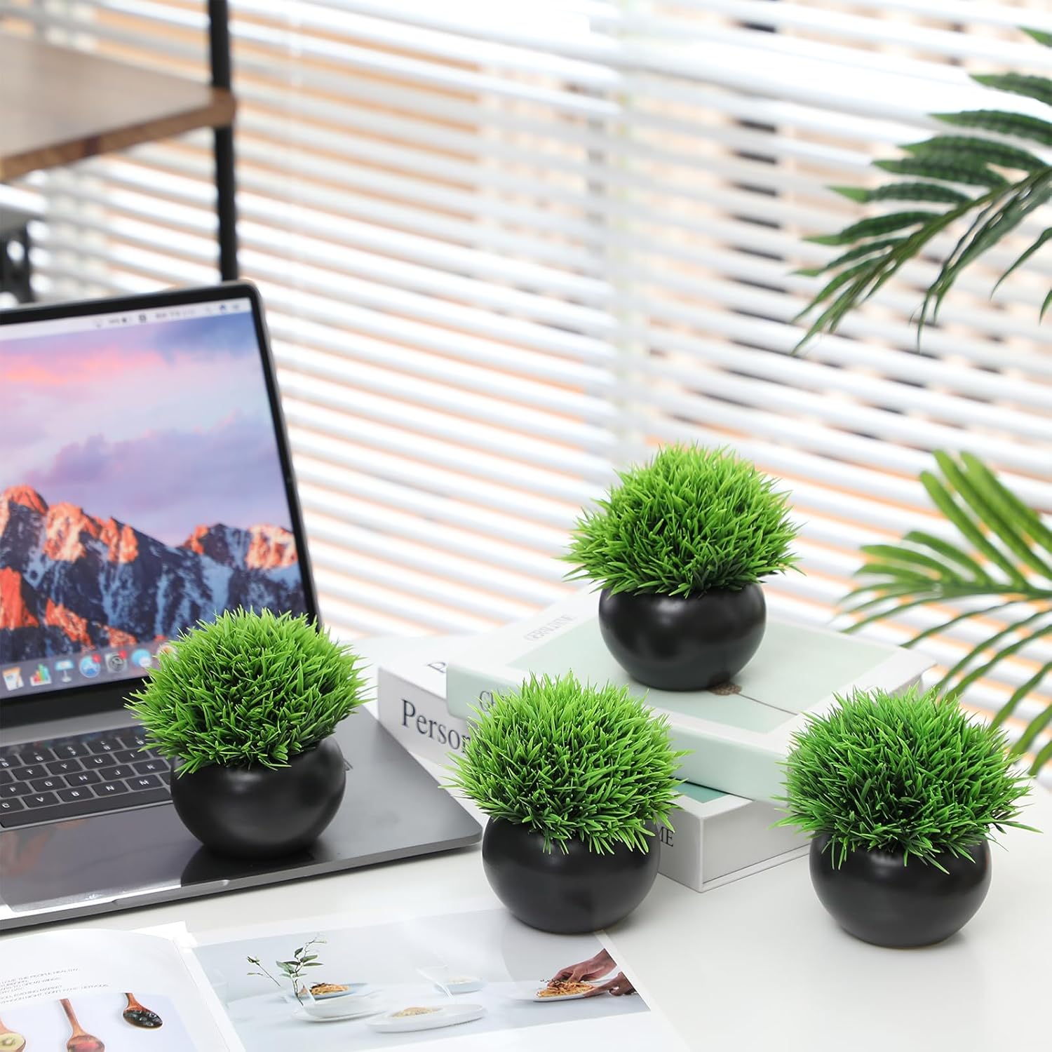 4 Pack Artificial Succulents in Matte Black Ceramic Pots for Office Desk Decor Z5029