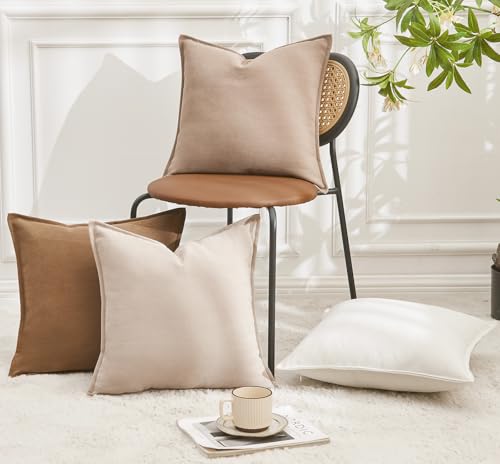 Throw Pillow Covers Neutral Khaki Set of 2 18x18 Inch Chenille Farmhouse Cushion Covers Q504