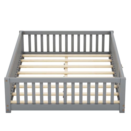 Montessori Floor Bed with Safety Fence, Solid Wood, Gray G24661