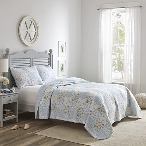Laura Ashley King Cotton Reversible Quilt Set with Shams, Kenna Blue V86923