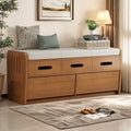 Rustic Storage Bench with 2 Drawers and Hidden Storage Space, Wooden Shoe Bench with Cushion and Striped Door Design for Living Room, Entryway, Hallway (White)