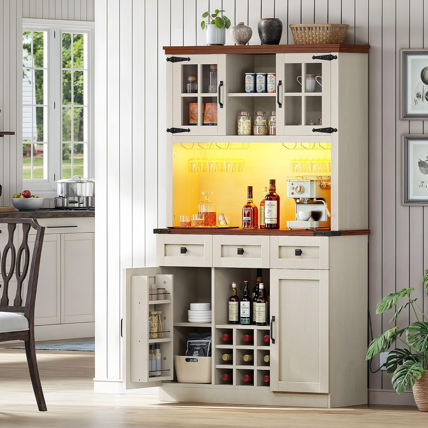 DWVO Coffee Bar Cabinet with Power Outlet and Lights, Farmhouse Pantry Cabinet, Antique White D44061