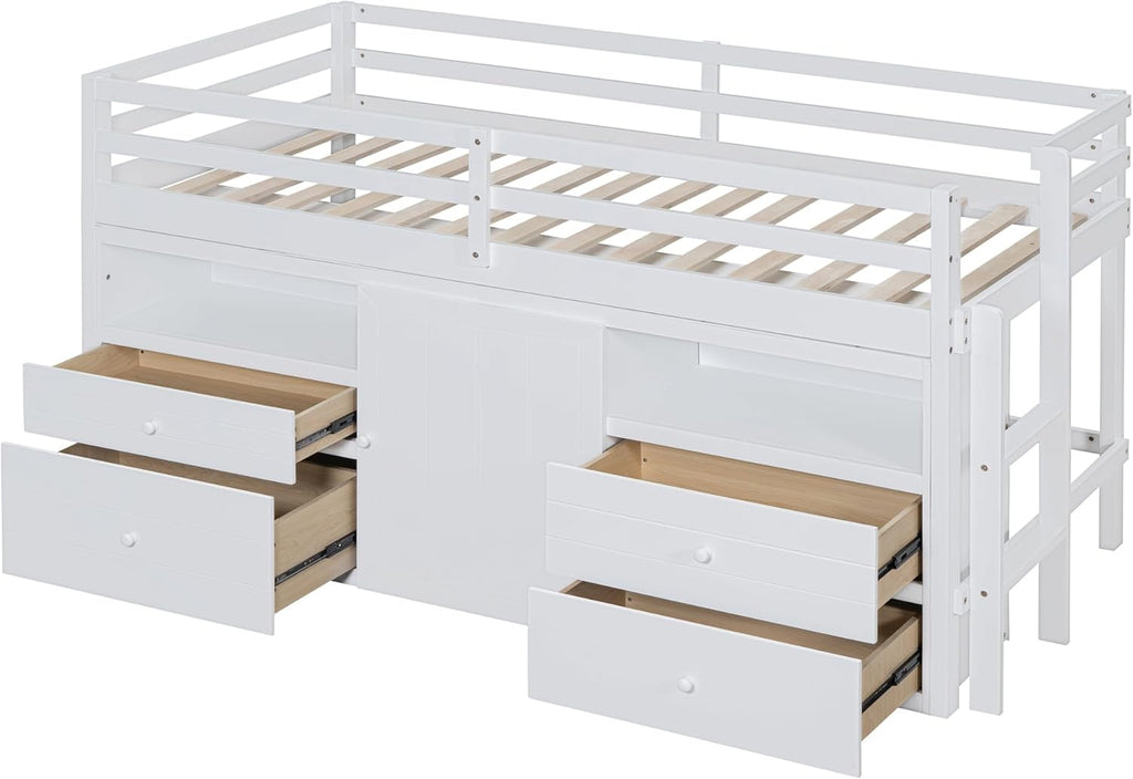 Twin Size Kids Loft Bed with Storage, Wooden Frame with Drawers and Ladder, White Q147