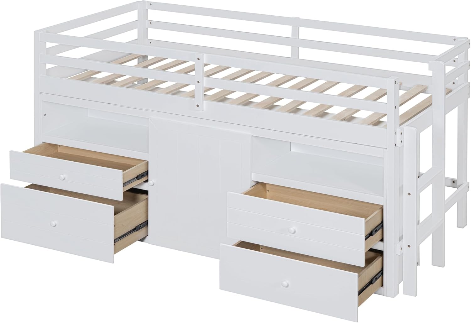 Twin Size Kids Loft Bed with Storage, Wooden Frame with Drawers and Ladder, White Q147