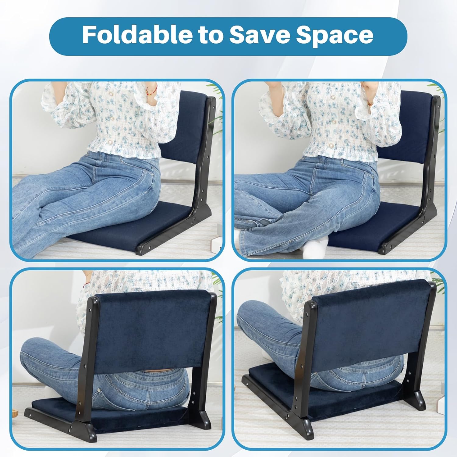 HollyHOME Foldable Tatami Chair, Japanese Style Floor Chair with Cushion, Dark Blue I895