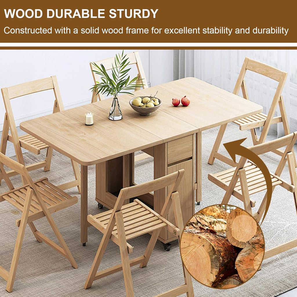 Folding Dining Table with 4 Chairs and Storage Drawers, Wood, with Wheels Z5281