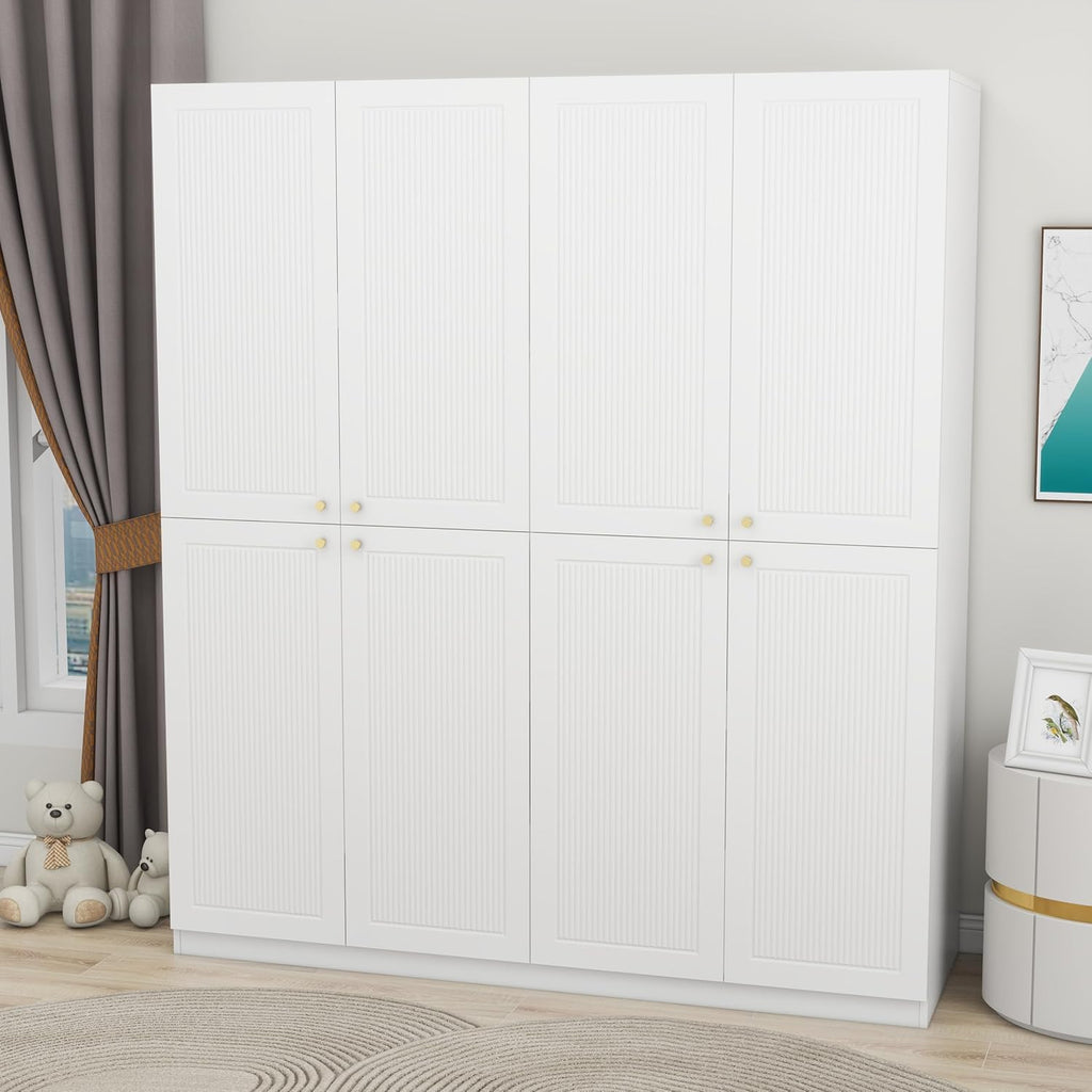 4 Door European Modern Wardrobe Wood White with 2 Storage Drawers A128