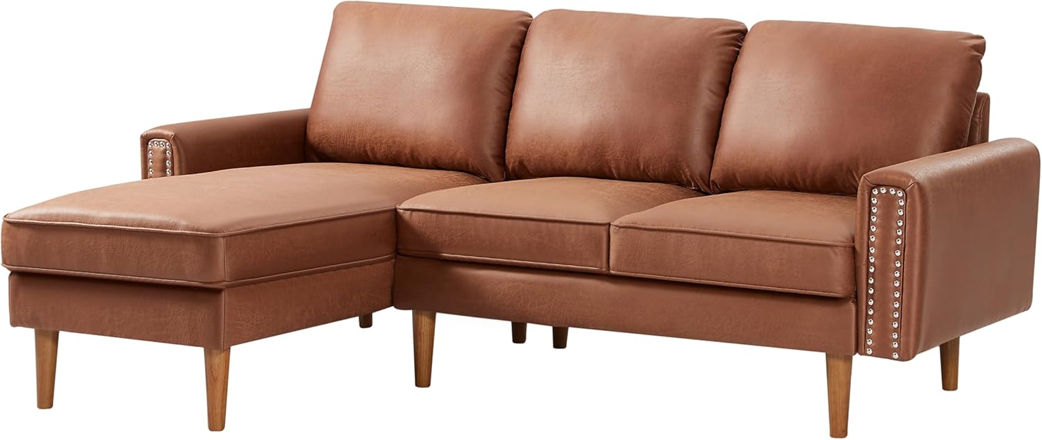 Lifeand 82.2" L-Shape Sofa Couch with Chaise, Mid-Century Copper Nail on Arms, Brown Q393