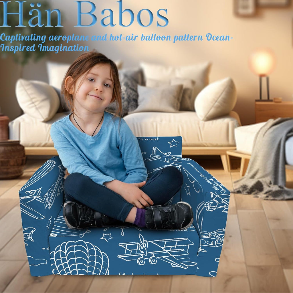 Extra Soft 2 Seats 2 in 1 Flip Open Chair & Sleeper, Cute Dinosaur Print for Toddlers (Blue-Balloon) Y574