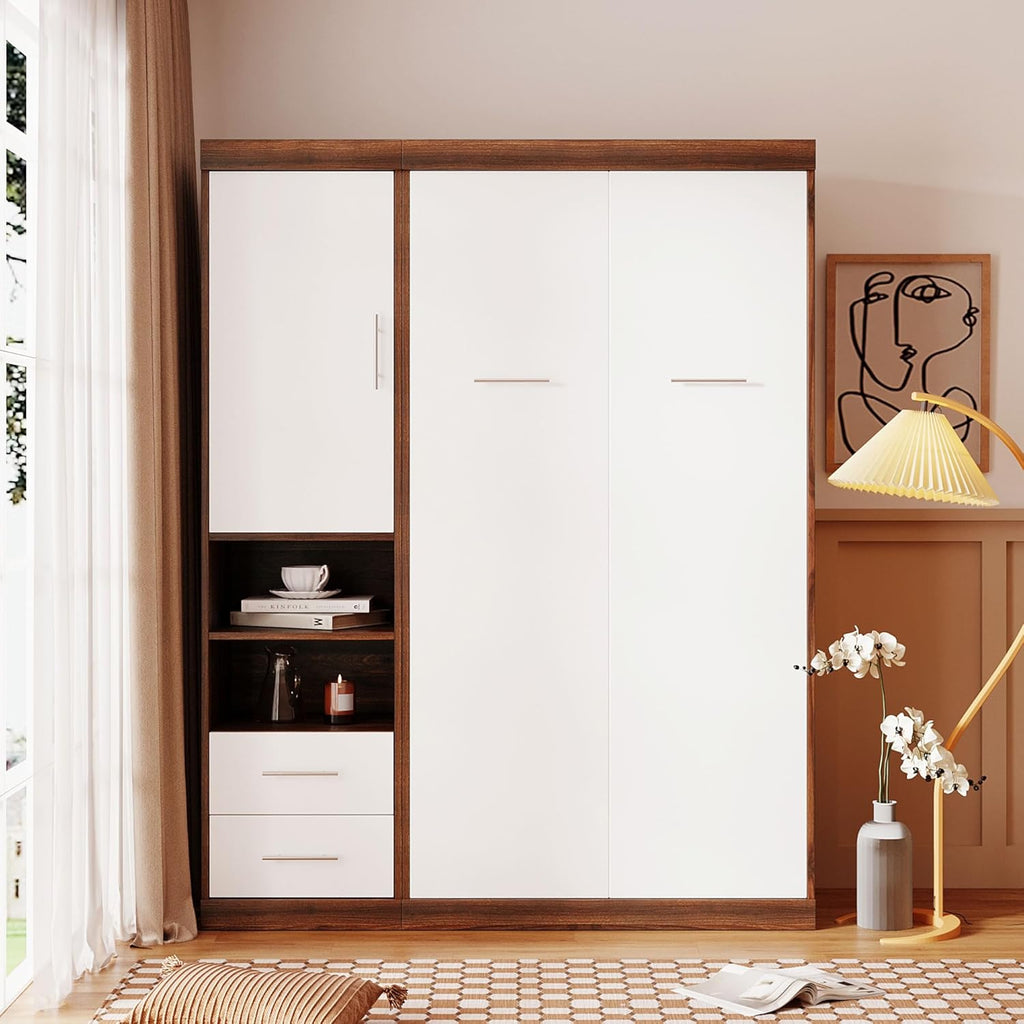 Twin Size Murphy Wall Bed with Cabinet and Storage Drawers, White R7825