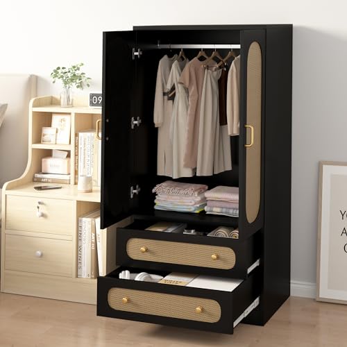 2 Door Rattan Wood Wardrobe with Drawers & Hanging Rail, Black A31157