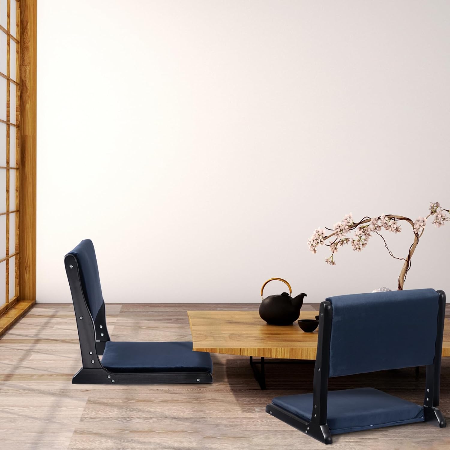 HollyHOME Foldable Tatami Chair, Japanese Style Floor Chair with Cushion, Dark Blue I895