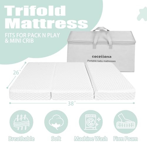 Pack and Play Mattress 38x26 Trifold with Removable Cover, Dual-Sided Firm Support & Comfort Memory Foam E612