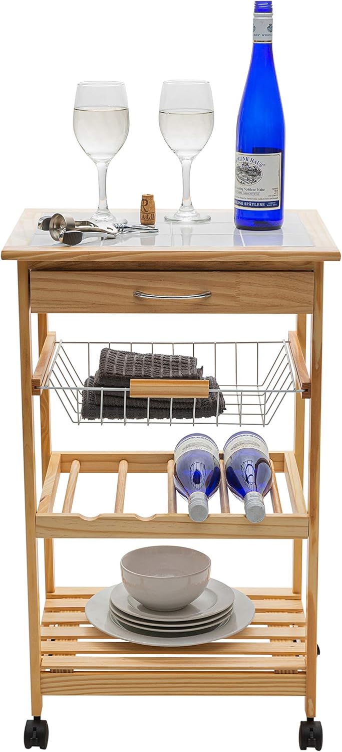 Natural Pinewood Mobile Kitchen Cart with Tile Top, Light Tan C8472