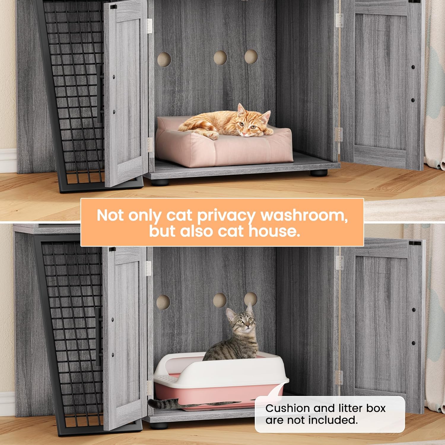 Towallmark Modern Villa Cat Litter Box Enclosure with Platform, Large Cat Cabinet, Wax Wood E336