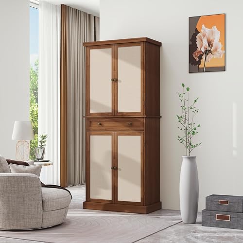Kitchen Pantry Storage Cabinet with 4 Rattan Doors and Drawer, Walnut T55631