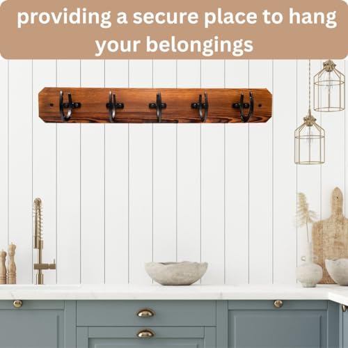 Rustic Wall Mount Coat Rack with Horseshoe Hooks, 36.5" Wooden, Brown and Black Z36334