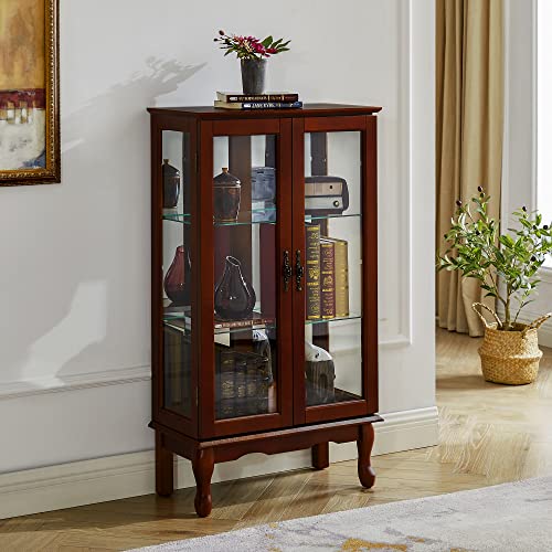 Lighted Wooden Corner Curio Cabinet with Mirrored Back Panel, Oak G380558
