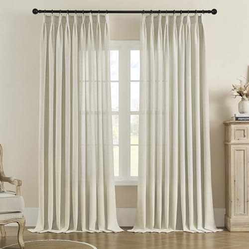 Taupe Linen Pinch Pleated Curtains 96 Inches Long for Living Room, Textured Linen Blended Light Filtering Pinch Pleat Semi Sheer Window Drapes, Easy Hanging Via Hooks 1 Panels 52" Wx96 L