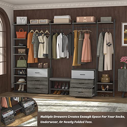 Aheaplus Wall Mounted Garment Rack with 6-Drawers, Grey Oak+Black H594