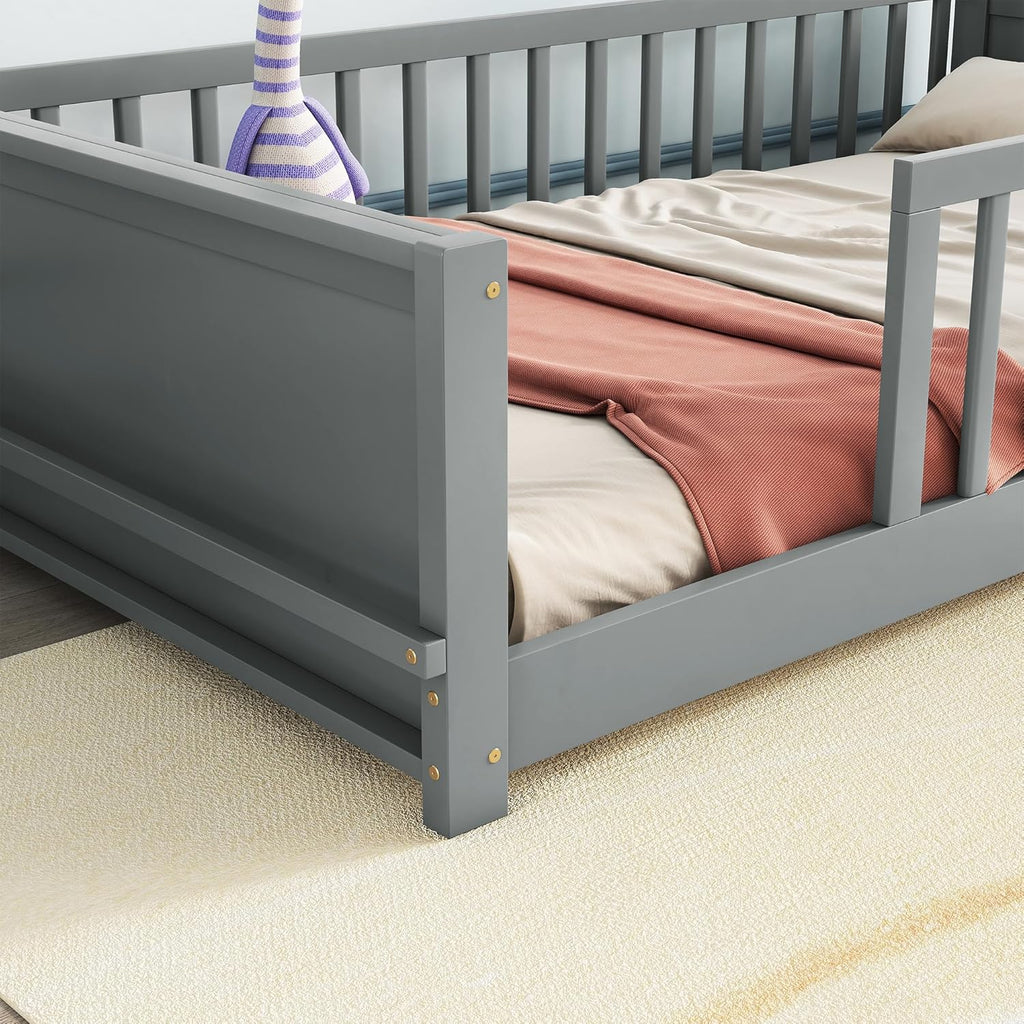 Montessori Floor Bed with Safety Guardrails, Twin Size Solid Pine Wood, Grey P6015
