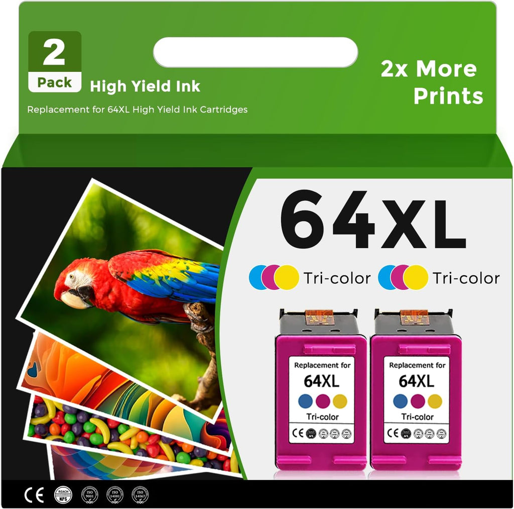 Remanufactured Ink Cartridge Replacement for HP 64XL (Tri-Color 2-Pack) 64 XL HP64 HP64XL for 7858 7855 7800 7100 7120 7155 7158 7164 6255 6252 6232 Envy Inspire 7900e 7955e Tango X Printer