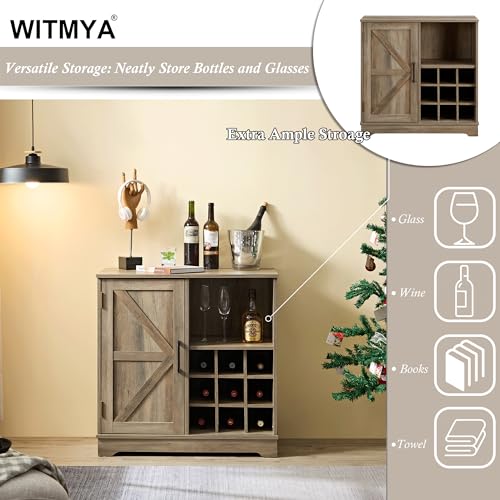 Farmhouse Coffee Bar Cabinet with Wine Rack and Drawer, Gray Wash M226