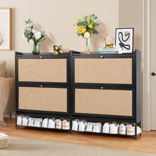 LEVNARY Shoe Cabinet Set of 2, Wooden Narrow Shoe Racks with 2 Flip Drawers, Walnut U726126