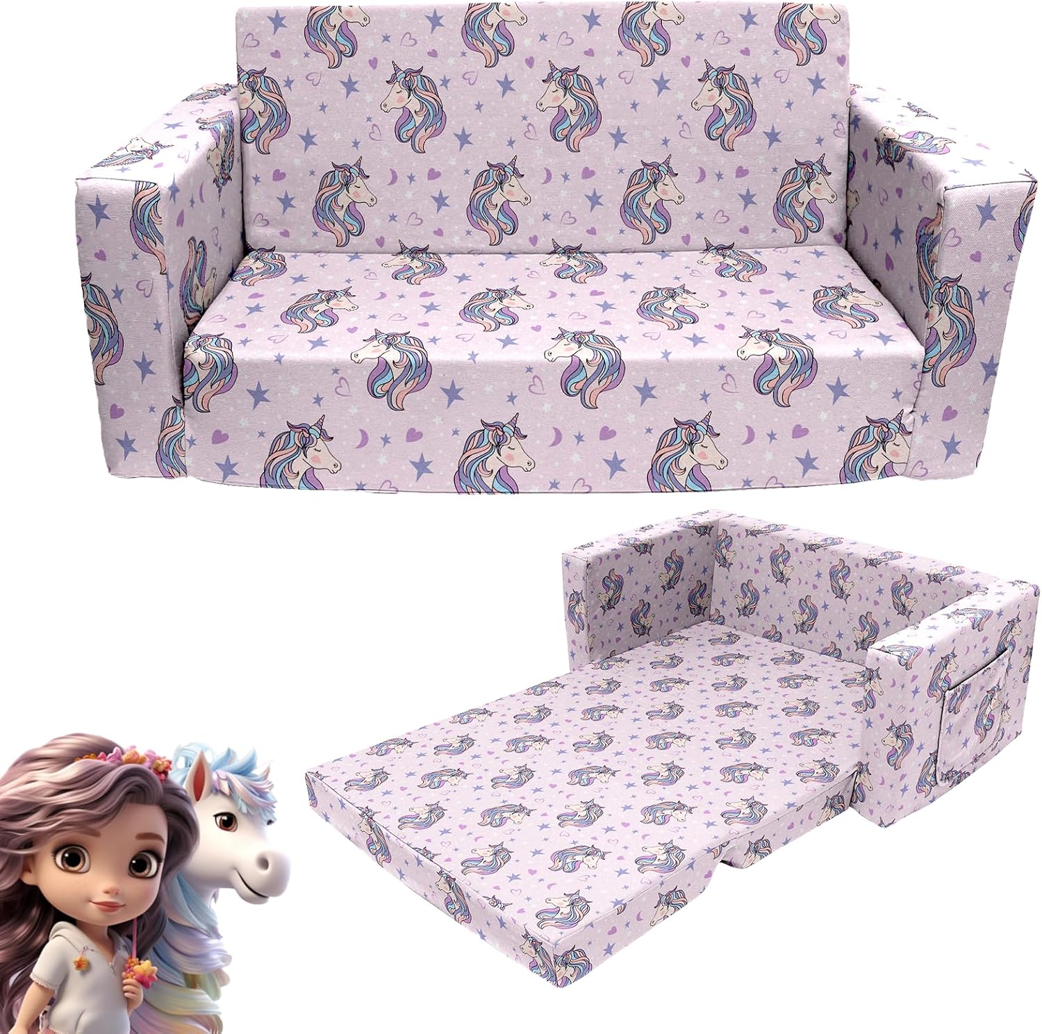 Convertible Kids Sofa Sleeper Bed with Dinosaur Print, 2 Seats Q6312