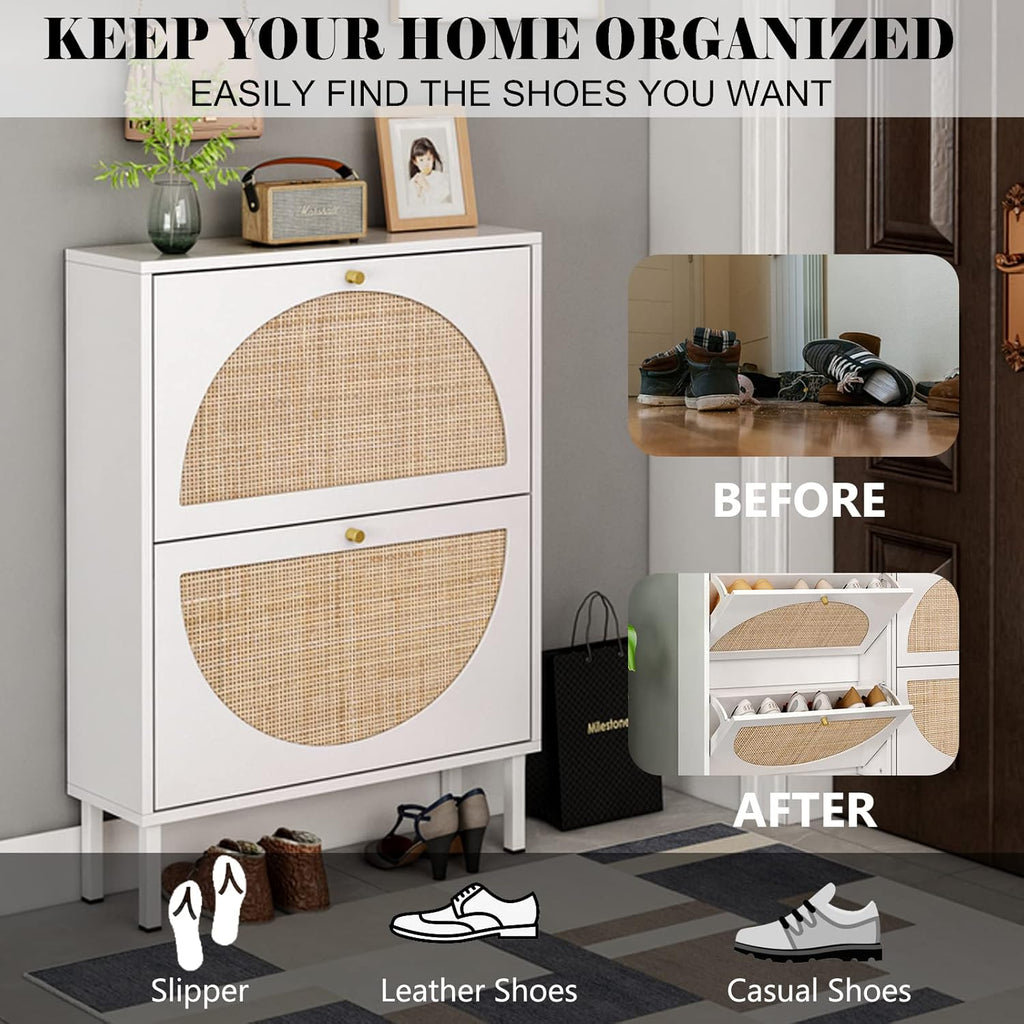 Yoluckea Rattan Shoe Cabinet with 2 Flip Drawers, White X3688
