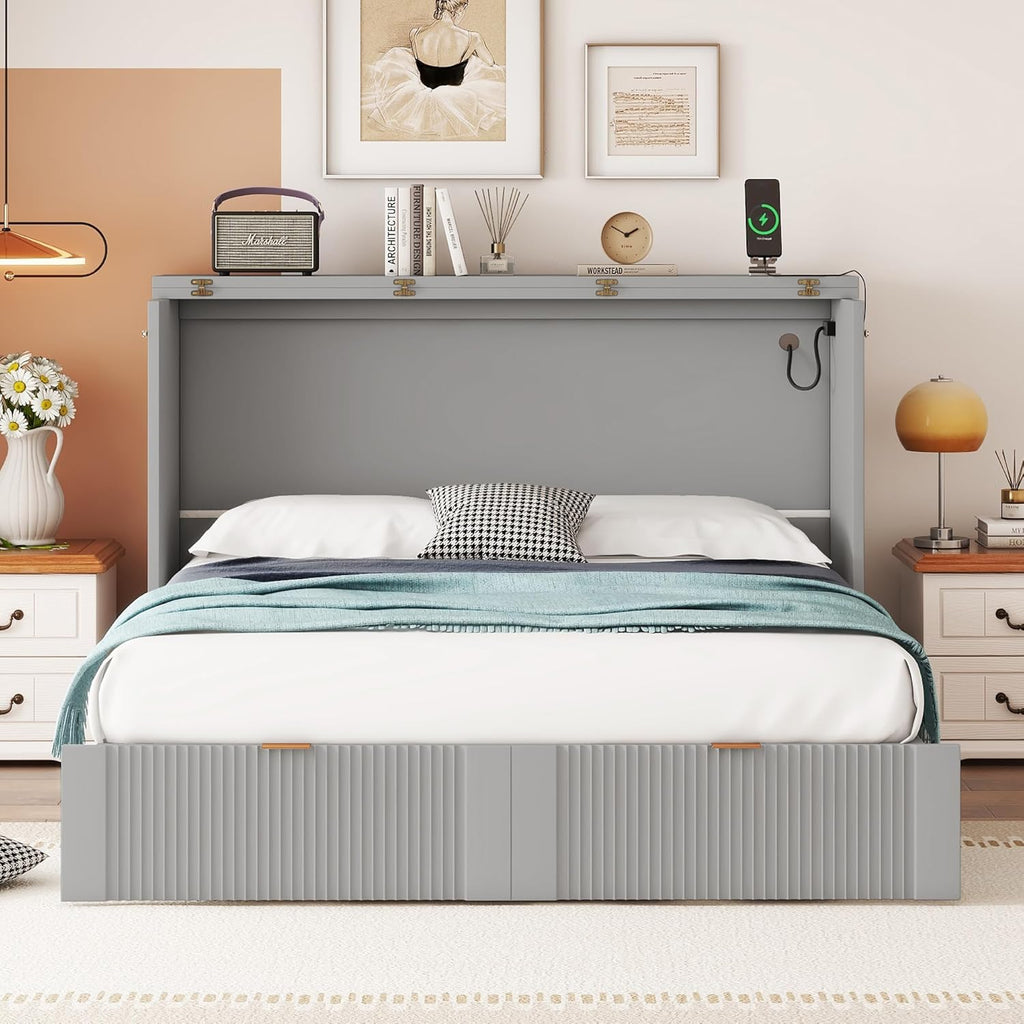 Murphy Bed Wall Bed with Storage Drawers, Foldable Platform Bed, Gray Full Size with USB Ports Q180395