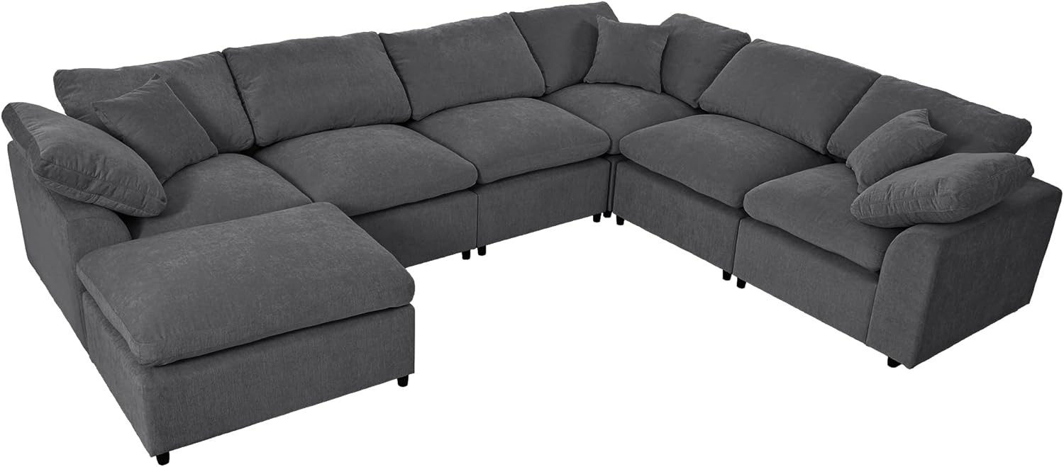 Deep Seat Convertible Modular Sectional Sofa with Movable Ottoman, 7 Seater Polyester Upholstery H8701