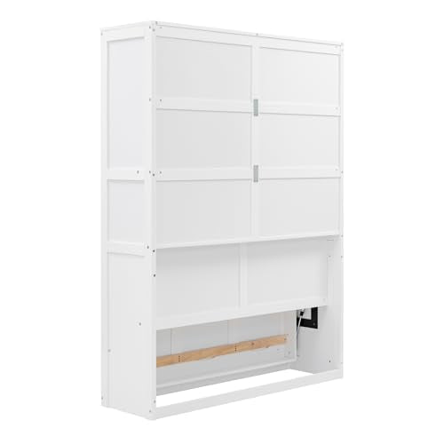 Queen Murphy Bed Folded to Wall Wooden Cabinet Bed with Cushion, White C177