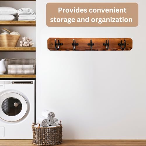 Rustic Wall Mount Coat Rack with Horseshoe Hooks, 36.5" Wooden, Brown and Black Z36334