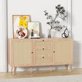 Rattan Sideboard Buffet Cabinet Boho Rattan Storage Cabinet with 2 Doors and 3 Drawers Accent Cupboard Console Table with Adjustable Shelves for Dining Living Room Kitchen