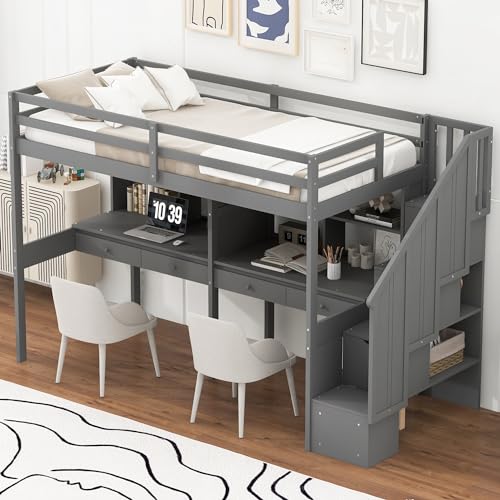 Full Size Loft Bed with Desk, Wardrobe and Storage Drawers, Gray N7914