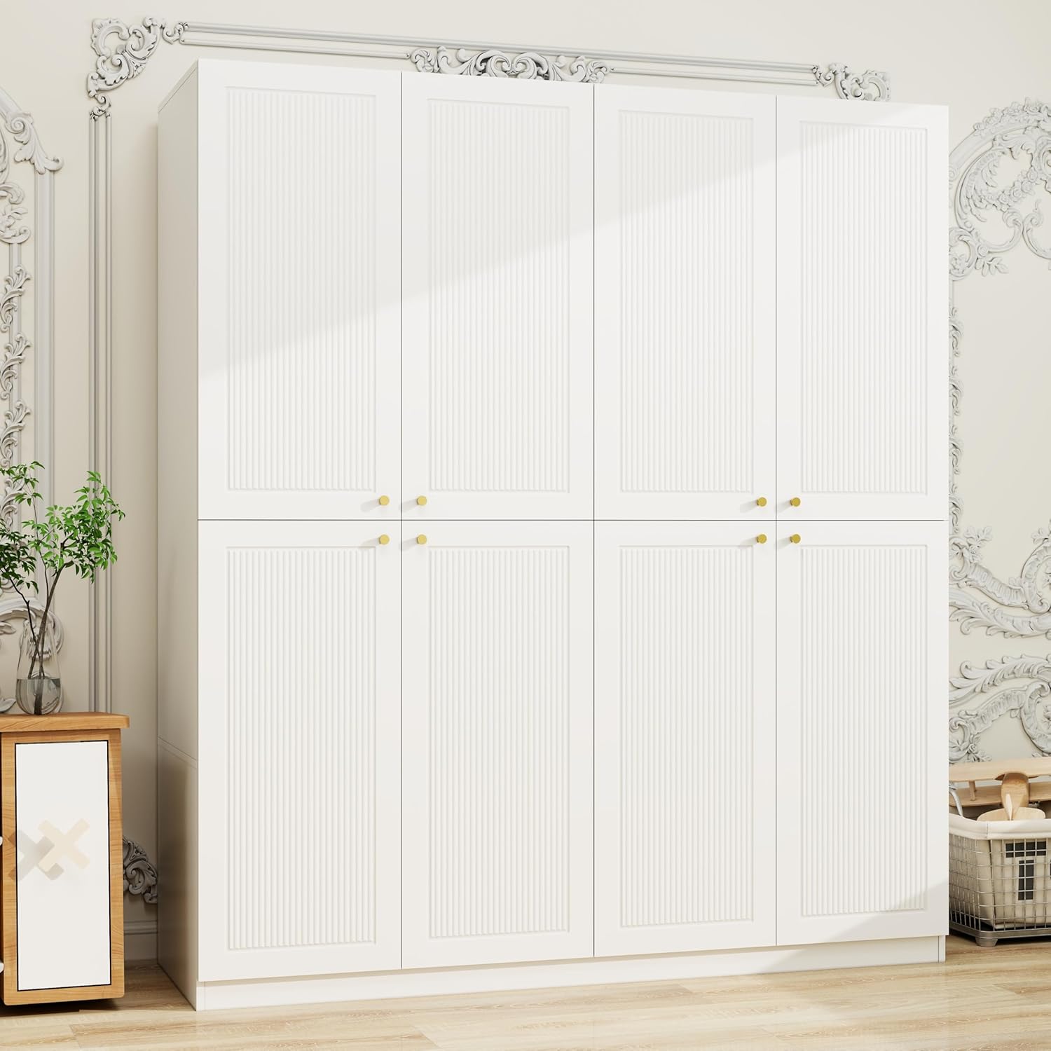 4 Door European Modern Wardrobe Wood White with 2 Storage Drawers A128