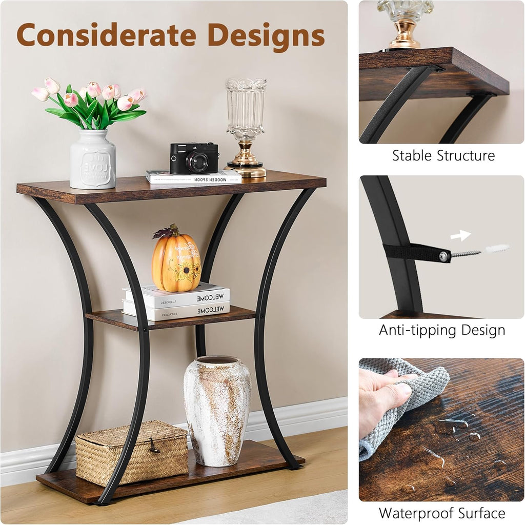 Hoctieon 3 Tier Console Table with Open Wood Shelves, Curved Metal Frames, Rustic Brown+Black E862