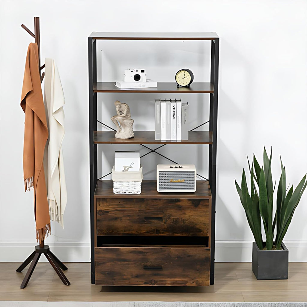 Tall Bookshelf, Industrial Bookcase with File Cabinet Drawers, Standing Shelf Units with Storage, Farmhouse Wooden Bookshelves for Living Room, Bedroom, Home Office, Vintage Brown