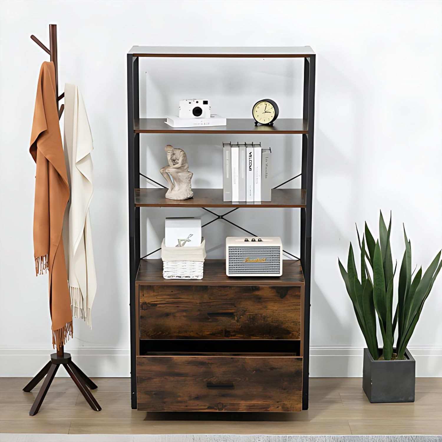 Tall Bookshelf, Industrial Bookcase with File Cabinet Drawers, Standing Shelf Units with Storage, Farmhouse Wooden Bookshelves for Living Room, Bedroom, Home Office, Vintage Brown