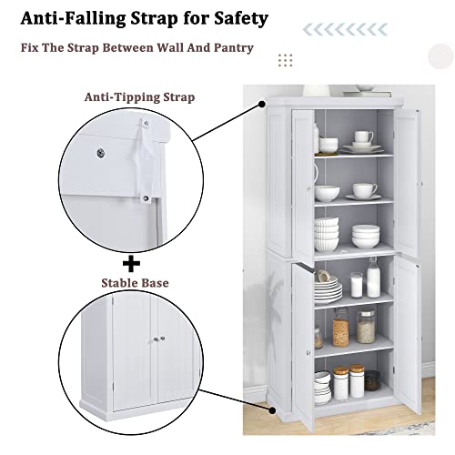 Kitchen Pantry Cabinet, 72.4-inch Tall Storage Cabinet with 4 Doors, White O355557