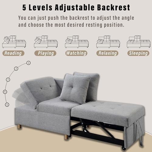 Pull Out Sleeper Sofa Bed Chair 4-in-1 Convertible, Linen Fabric Loveseat with 2 Throw Pillows, Light Gray B7065