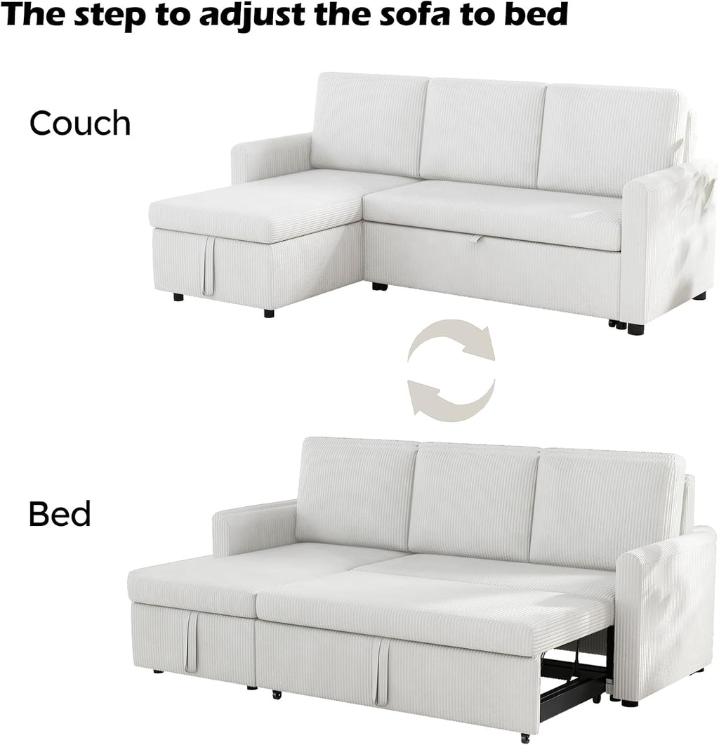 Convertible Sleeper Sofa Bed 3 in 1, Corduroy L-Shaped Sectional with Storage, Beige I696464