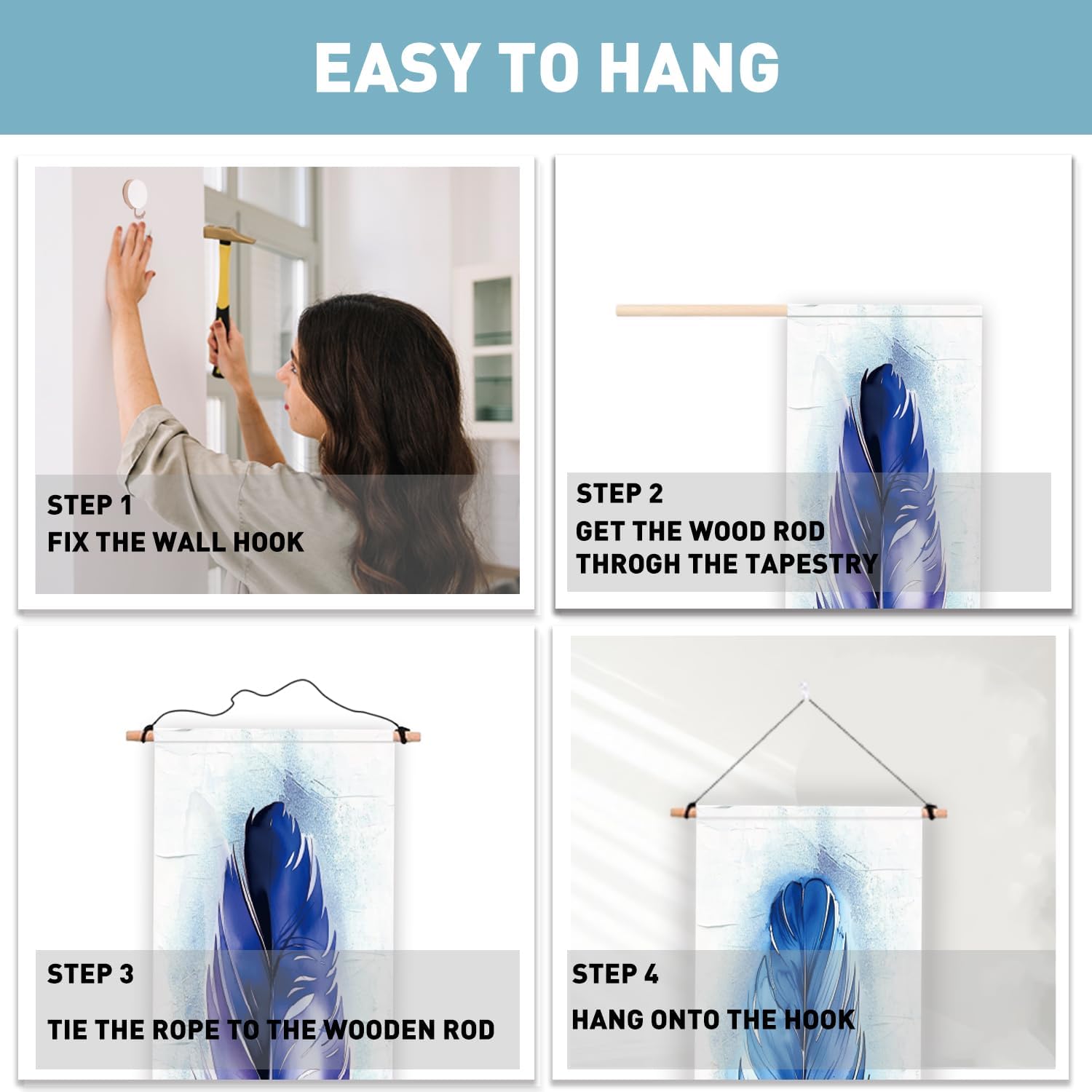 PLIGREAT 2 Pack Blue Feather Tapestry with Tassels Wall Hanging R33798
