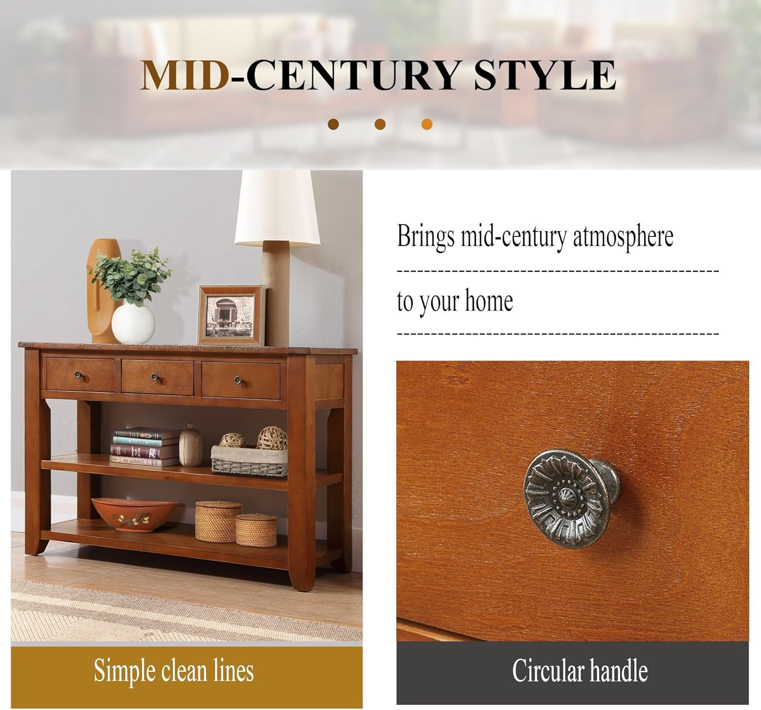 Knocbel Long Console Table with 3 Storage Drawers and Double Bottom Open Shelves, Brown D377