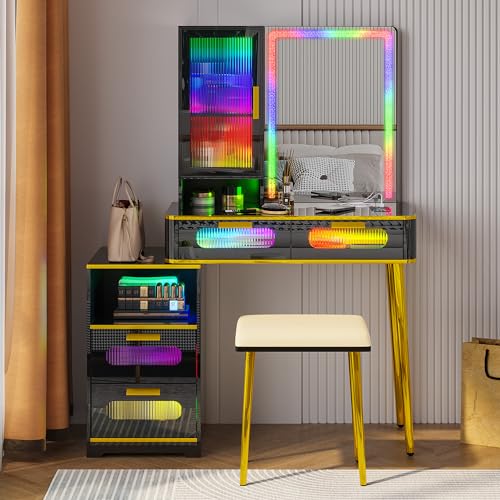 RGB LED Vanity Desk with Mirror and Lights, Charging Station, Black Q4438